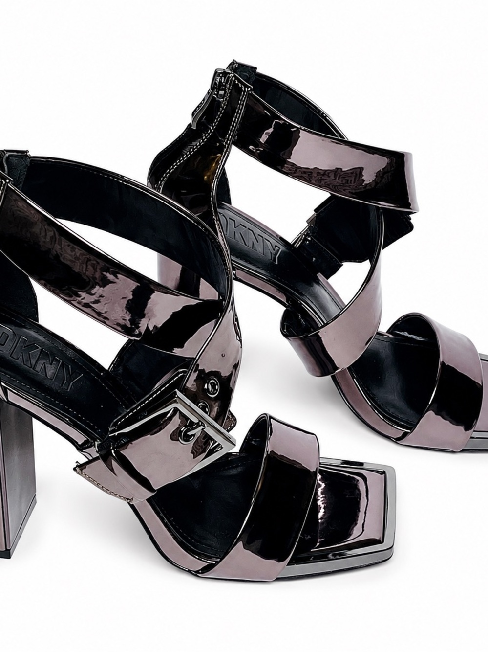 DKNY Metallic Gunmetal Patent Block Heel Sandal